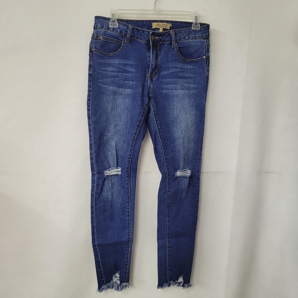 Nina Rossi Jean Womens 7 Blue Stretch Mid Rise Busted‎ Knee Raw Hem Skinny Ankle